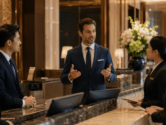Hotel reception: a well-dressed man in a blue suit speaks to four staff members at the marble front desk.