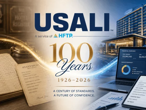 Banner celebrating USALI’s 100th anniversary (1926–2026) with an old ledger, pen, and modern financial dashboards.