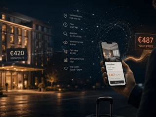 Traveler holding a smartphone displaying a hotel booking app as data overlays show live price (€487) and rate details in a nighttime hotel exterior scene.