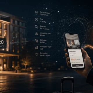 Traveler holding a smartphone displaying a hotel booking app as data overlays show live price (€487) and rate details in a nighttime hotel exterior scene.