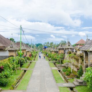 A village street with thatched-roof houses, a central pedestrian path, and tropical plants on either side under a cloudy blue sky.