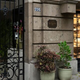 Stone entry with blue 235 plaque, ornate black iron gate, and two large potted plants outside the hotel.**
