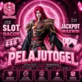 Promotional poster for Pelajutogel online slot with a pink neon background and a armored fantasy hero.