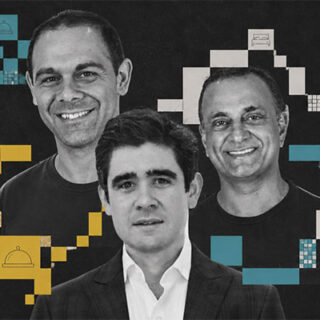 Three men pose for a business banner: two in black shirts in the background and one in a suit in front, with blue, yellow, and white geometric blocks and icons scattered around.