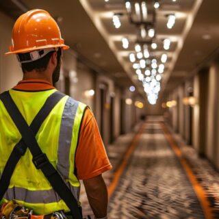 Construction worker in an orange hard hat and high-visibility vest walking down a hotel hallway, with tools on a belt behind him.