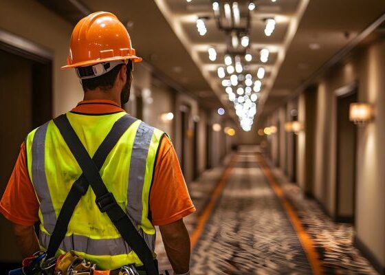 Construction worker in an orange hard hat and high-visibility vest walking down a hotel hallway, with tools on a belt behind him.