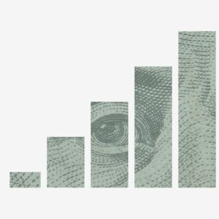 Infographic showing increasing wealth over time with tall fingerprint-textured bars; WEALTH label on the right and TIME axis at bottom left.