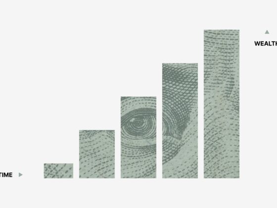 Infographic showing increasing wealth over time with tall fingerprint-textured bars; WEALTH label on the right and TIME axis at bottom left.