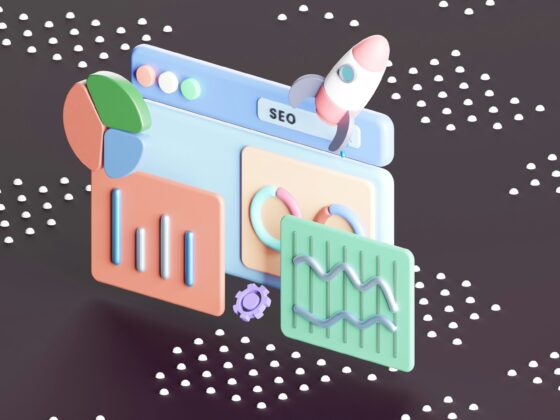 Abstract 3D illustration of a colorful SEO dashboard with charts and a rocket labeled SEO, symbolizing search optimization and analytics.
