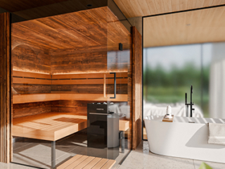Luxurious bathroom with a wooden sauna on the left and a freestanding white bathtub by a large glass wall, bathed in natural light.