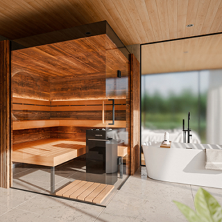 Luxurious bathroom with a wooden sauna on the left and a freestanding white bathtub by a large glass wall, bathed in natural light.