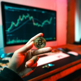 Person holds a gold Bitcoin coin up to the camera with a computer monitor displaying a fluctuating stock chart in the background under colorful lighting