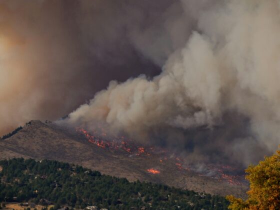 Hillside wildfire with flames and thick smoke rising over the ridge, with trees and homes at the bottom of the scene.