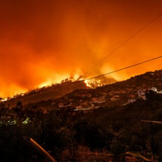 Nighttime hillside wildfire burning through vegetation above a town, with an orange sky and power lines in the foreground.
