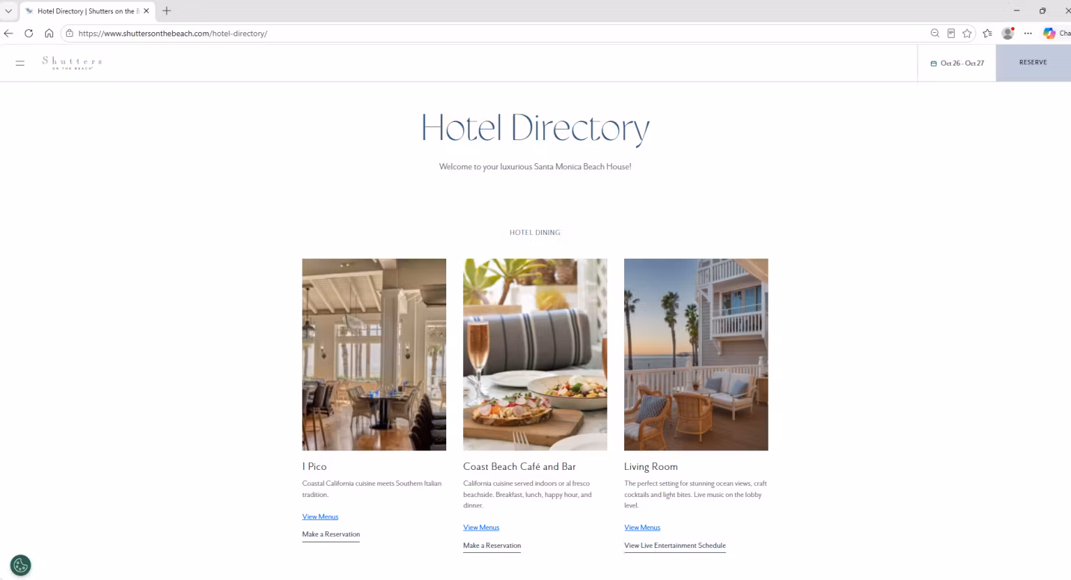 Current Shutters on the Beach website at shuttersonthebeach.com showing the Hotel Directory page